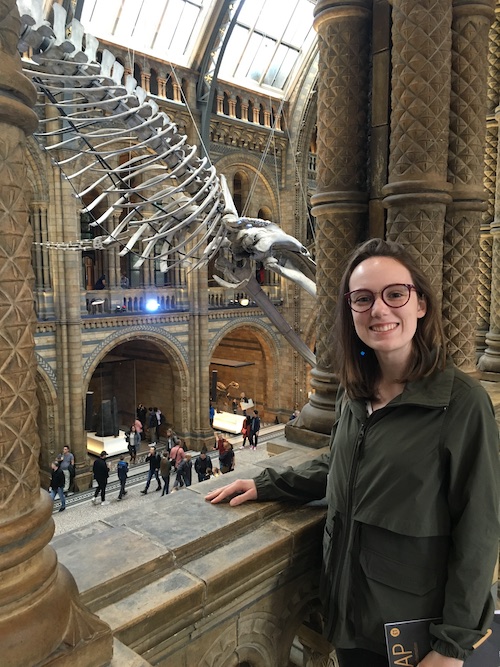 Woman standing in museum with skeleton of animal